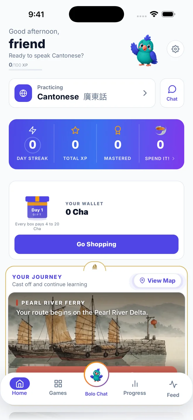Bolo! East Asia app home shown in Cantonese